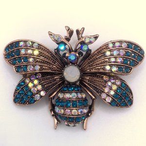 New Cute 3D Rhinestone Insect Moth Butterfly Bee Brooch Pin Teal AB 2.5" Retro